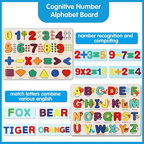 Toddlers Puzzles，Wooden Puzzles for Toddlers, Wooden Alphabet Number Shape Puzzles Toddler Learning Puzzle Toys for Kids 2-4 Years Old Boys & Girls, 2 in 1 Puzzle for Toddlers