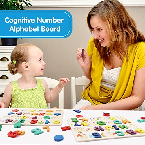 Toddlers Puzzles，Wooden Puzzles for Toddlers, Wooden Alphabet Number Shape Puzzles Toddler Learning Puzzle Toys for Kids 2-4 Years Old Boys & Girls, 2 in 1 Puzzle for Toddlers