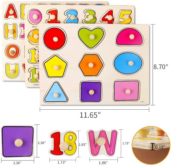 Wooden Puzzles for Toddlers, 3 in 1 Wooden Peg Puzzle Set Wooden Alphabet ABC Number Shape Puzzles Board Toddler Preschool Learning Toys for Kids Ages 1-3 Boys and Girls