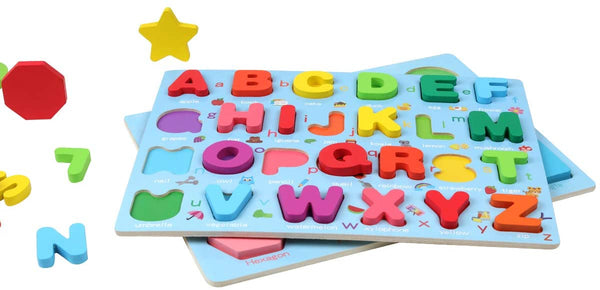 Alphabet and Number Puzzle Set Wooden Upper Case Letter Number and Shape Learning Puzzles Board Toy, Ideal of Educational Matching Game for 3 4 5 Years Old Toddlers Boys Girls Set of 3