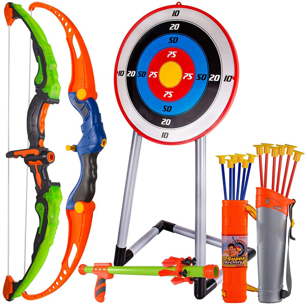 Bow and Arrow for Kids, Archery Toy Set, 2 Bows & 1 Blowing Bow & 12 Arrows & 5 Quivers & Standing Target, Outdoor Toys for Children Boys Girls