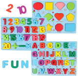 Alphabet and Number Puzzle Set Wooden Upper Case Letter Number and Shape Learning Puzzles Board Toy, Ideal of Educational Matching Game for 3 4 5 Years Old Toddlers Boys Girls Set of 3