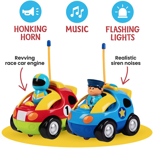 2 Pack Cartoon Remote Control Cars - Police Car and Race Car - Radio Control Toys for Kids, Boys, & Girls - Each with Different Frequencies So Both Can Race Together - Gifts for Toddler Boys Ages 2-4