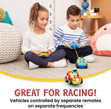 2 Pack Cartoon Remote Control Cars - Police Car and Race Car - Radio Control Toys for Kids, Boys, & Girls - Each with Different Frequencies So Both Can Race Together - Gifts for Toddler Boys Ages 2-4